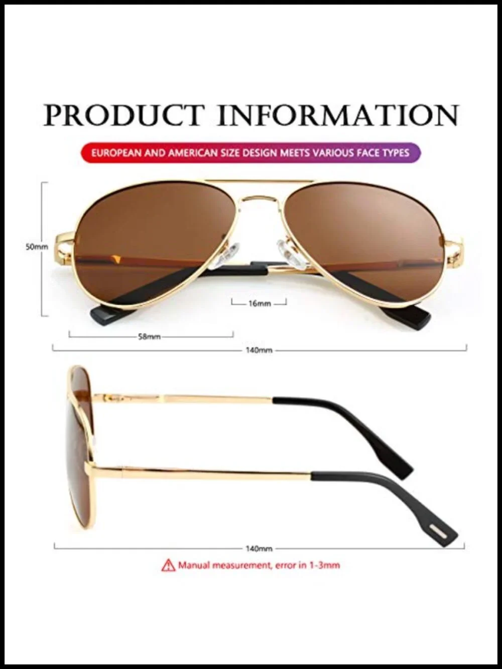 Classic Aviator Polarized Sunglasses Metal Frame UV400 Protection Spring Hinge